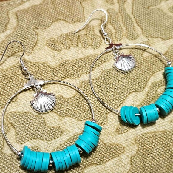 Earrings. Silver Hoops. Seashells. Turquoise Beaded. Pierced. NWT. - Picture 6 of 9